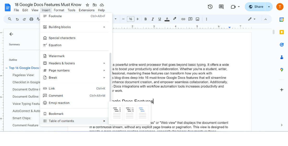 Table of Contents Feature in Google Docs
