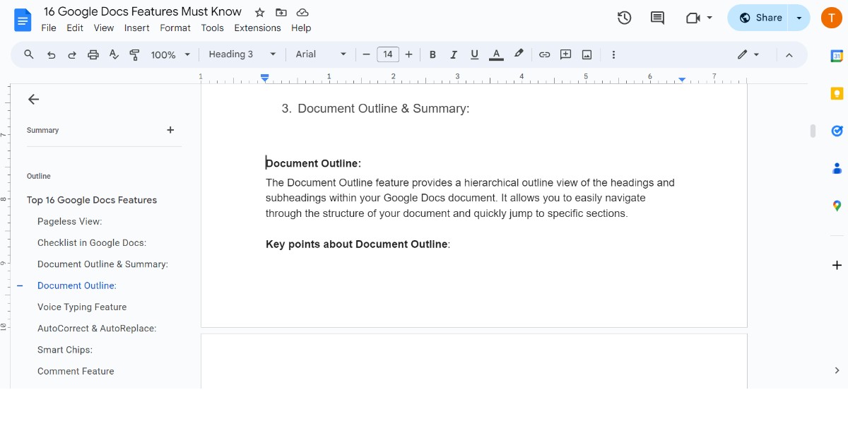 Document Outline and summary in Google Docs Features