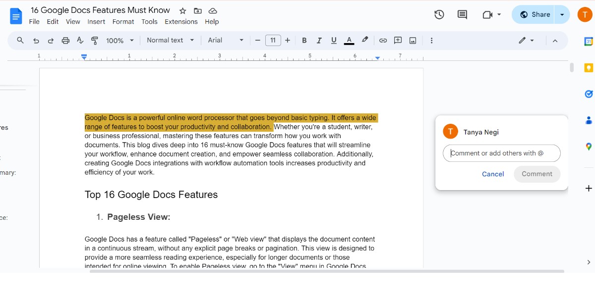 Comment Feature in Google Docs