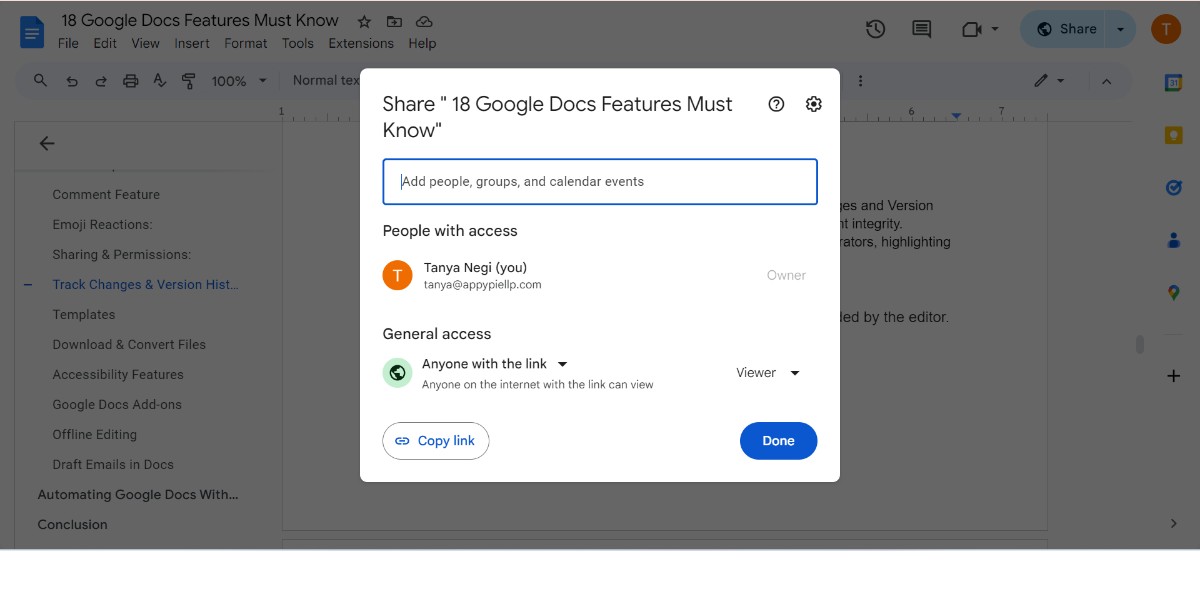 Google Docs Sharing and Permissions Feature
