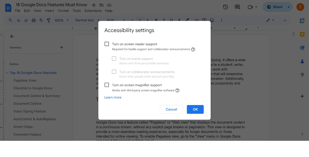 Accessibility in Google Docs Features